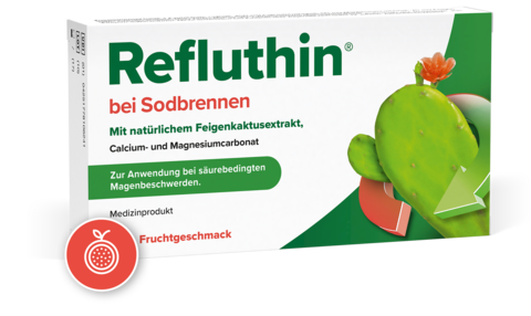 Packungsabbildung Refluthin bei Sodbrennen mit Fruchtgeschmack