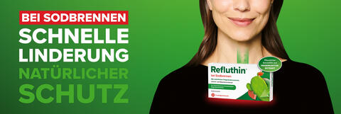 Header Refluthin bei Sodbrennen mit Keyvisual und Packung