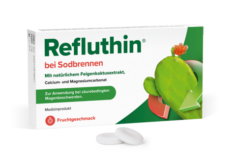 Packungsabbildung Refluthin Frucht mit Tabletten