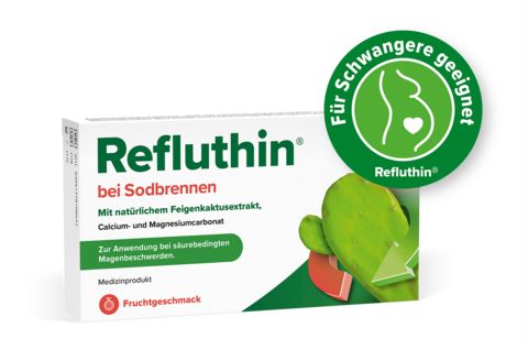 Packungsabbildung Refluthin® mit Fruchtgeschmack + Button "Für Schwangere geeignet"
