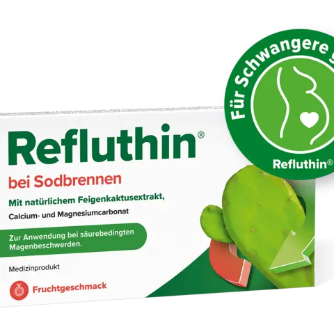 Packungsabbildung Refluthin® mit Fruchtgeschmack + Button "Für Schwangere geeignet"