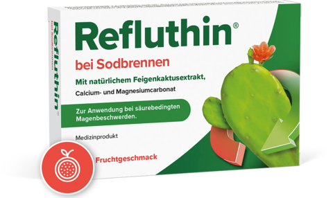 Packungsabbildung Refluthin bei Sodbrennen mit Fruchtgeschmack