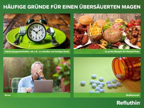 Schaubild mit den häufigsten Gründen, warum ein Magen zu viel Magensäure produziert: Falsche Essgewohnheiten, zu große Menge an Lebensmitteln, Stress und Medikamente.