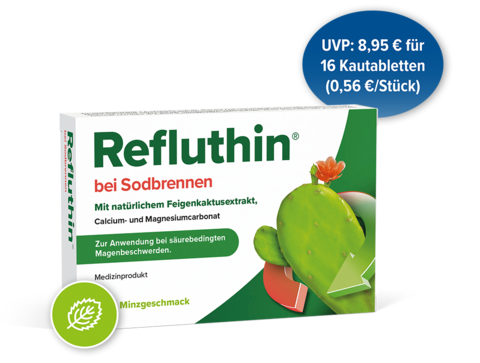 Packungsabbildung Refluthin bei Sodbrennen mit Minzgeschmack mit integriertem Preisbutton